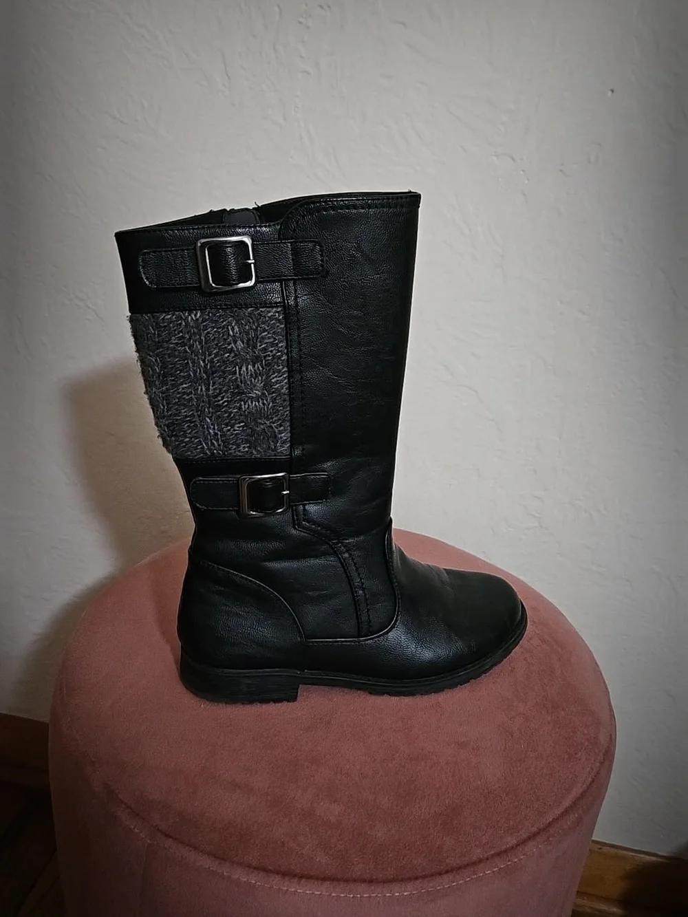 GIRLS Black Tall Side-Zip Boots with Gray Knit Panel